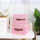 ANMINY 2PCS Storage Bins with Lid PU Leather Handles Storage Boxes PP Plastic Board Decorative Foldable Lidded Cotton Linen Fabric Home Cubes Baskets Closet Organizer Containers - Pink, Small Size by TinyTreasures Baby Boutique