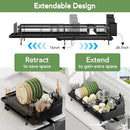 ROTTOGOON Expandable Dish Drying Rack,Multifunctional Adjustable Dish Drainer with Swivel Spout and Anti-Rust Dish Rack with Removable Cutlery & Cup Holders for Kitchen Counter,Black by CozyNest Decor