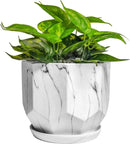Large 7 Inch Marble White Plant Pots Planters with Saucer Tray, Mesh Pad, Drainage Hole and Stopper, Hand Glazed Flower Pot, Garden Indoor Outdoor Planter, Modern Home Decor (Ceramic, White) by GreenHaven Gardens