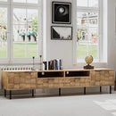 Modern TV Stand for TVs up to 85", Mid-Century Media Console with Checkered Cabinet Doors, Storage Drawers & Open Shelves, Wood Entertainment Center with Metal Legs by CozyNest Decor