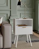 Nightstand,Modern Bedside Table with Storage Drawer and Open Wood Shelf, Accent Night Stand with Solid Wood Legs for Living Room, Bedroom and Small Spaces,Easy Assembly (White-Outlet) by CozyNest Decor