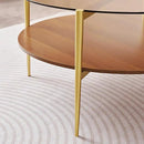 Extra Large Round Coffee Table, Mid-Century Modern Design, D34 x H17 in, for Living Room, 2-Tier Structure, Amber Glass Top and Walnut MDF Shelf, Sleek Conical Metal Legs with Gold Finish by CozyNest Decor