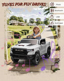 Licensed Ram 1500 RHO 12V Kids Ride on Truck, Toddler Ride on Toys with Remote Control, Children Electric Vehicles with Truck Bed Storage, Smooth Start, Music, Bluetooth (White) by TinyTreasures Baby Boutique