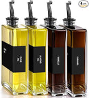 Olive Oil Dispenser Bottle - Includes 44 Kitchen Essential Labels - Cooking Oil Bottles for Kitchen, Coffee Syrup Dispenser - Pourer Spout with 11.8 fl oz Glass Container Cruet - 4pcs, Black by CozyNest Decor