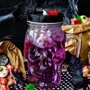 Halloween Cups Set of 4 - Skull Mason Jar with Lids Straws and Handle - Skull Drinking Glasses for Halloween Party Bar Decor (16 oz, Clear) by CozyNest Decor