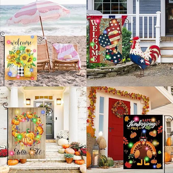 Lighted Seasonal Garden Flags Set of 12 Double Sided 12 x 18 Inch LED Yard Flags, Small Flags for Outside, Fall Winter Halloween Christmas Outdoor Flags,Solar Holiday Garden Flags for All Seasons, photo 6 of 8