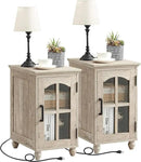 Narrow Side Table Set of 2,Farmhouse Nightstand with Charging Station,End Table with Glass Barn Door Storage, Cabinet Organizer with Adjustable Shelf, Night Stand for Small Spaces Living Room Bedroom by CozyNest Decor
