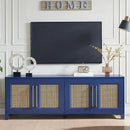 JYED Mid Century Modern TV Stand for TVs up to 75", 69.5" W Blue Entertainment Center with 4 Gold Metal Mesh Doors - Wood Grain MDF TV Console, Media Storage by CozyNest Decor