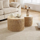 Nesting Coffee Table Set of 2, Natural Round Wooden Coffee Tables Rustic Woven Circle Side/Sofa Table for Small Space Living Room Bedroom Apartment No Assembly Required by CozyNest Decor