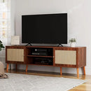 TV Stand for TVs up to 65'', Entertainment Center With Rattan Door, Shelves & 2 Cabinets, Long Boho Media Console for Living Room, Walnut by CozyNest Decor
