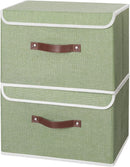 ANMINY 2PCS Storage Bins with Lid PU Leather Handles Storage Boxes PP Plastic Board Decorative Foldable Lidded Cotton Linen Fabric Home Cubes Baskets Closet Organizer Containers - Green, Large Size by TinyTreasures Baby Boutique