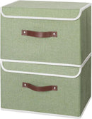 ANMINY 4PCS Storage Bins with Lid PU Leather Handles Storage Boxes PP Plastic Board Decorative Foldable Lidded Cotton Linen Fabric Home Cubes Baskets Closet Organizer Containers - Green, Large Size by CozyNest Decor