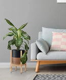 D'vine Dev Ceramic Planter with Natural Stand - 10 Inch Modern Round Flower Pot with Wood Planter Holder, Black/Speckled Tan, 55-B-K-7 by CozyNest Decor