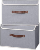 ANMINY 4PCS Storage Bins with Lid PU Leather Handles Storage Boxes PP Plastic Board Decorative Foldable Lidded Cotton Linen Fabric Home Cubes Baskets Closet Organizer Containers - Gray, Large Size by TinyTreasures Baby Boutique