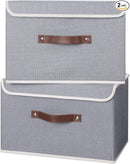 ANMINY 2PCS Storage Bins with Lid PU Leather Handles Storage Boxes PP Plastic Board Decorative Foldable Lidded Cotton Linen Fabric Home Cubes Baskets Closet Organizer Containers - Gray, Large Size by TinyTreasures Baby Boutique