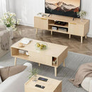 Coffee Table with Storage, Boho Dining Table with Sliding Fluted Door and Solid Wood Legs, Small Coffee Tables for Living Room, Oak by CozyNest Decor