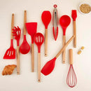 Silicone Cooking Utensils Set, Premium Beech Wood Handle Kitchen Gadgets Utensil Set, Non-Stick Kitchen Utensils Spatula, Tongs, Turner, Whisk, Brush, Spoon, BPA FREE, 446°F Resistant (Red) by CozyNest Decor