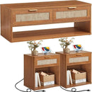 LEYAOYAO Boho Rattan Coffee Table Sets 3 Pieces, Nightstand with Charging Station and Coffee Table with Hidden Storage Compartment, Brown Living Room Table Set, Wood Furniture Sets for Home Office by CozyNest Decor
