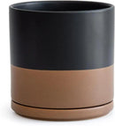 D'vine Dev 10 Inch, Ceramic Planter Pot with Drainage Hole and Saucer, Indoor Cylinder Round Planter Pot, Black/Speckled Tan, 94-O-E-7 by GreenHaven Gardens