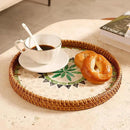 Round Rattan Tray with Mother of Pearl Inlay & Wooden Base - Decorative Wicker Serving Tray for Coffee/Bread/Fruits, Food Storage & Display - Multipurpose Home Decor (M,Bohemia) by CozyNest Decor