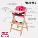 Abiie Beyond Junior Wooden High Chair with Tray - Adjustable and Convertible High Chair for Babies and Toddlers - 6 Months to 250 Lb - Water Resistant - Natural Wood/Raspberry Cushion by TinyTreasures Baby Boutique