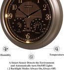 CLXEAST 18 Inch Illuminated Outdoor Indoor Atomic Analog Wall Clock with Temperature & Humidity Combo, Lighted Outdoor Clocks for Patio Large Waterproof with Thermometer, Modern Morning Silver/Gold by CozyNest Decor