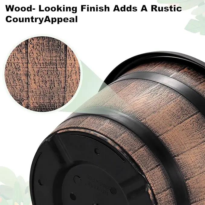 Quarut Large Plastic 3 Pack16 inch Plant Pots,Whiskey Barrel Planters with Drainage Holes & Saucer.Flower Pots Imitation Wine Barrel Design for Indoor & Outdoor Garden Balcony Plants.7 Gallons(Brown), photo 4 of 7