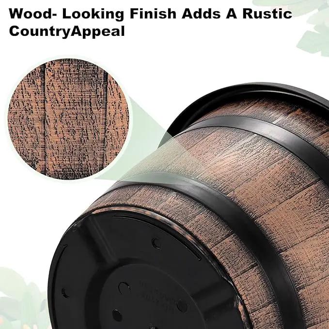 Quarut Large Plastic 3 Pack16 inch Plant Pots,Whiskey Barrel Planters with Drainage Holes & Saucer.Flower Pots Imitation Wine Barrel Design for Indoor & Outdoor Garden Balcony Plants.7 Gallons(Brown), photo 4 of 7