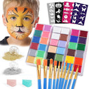 VESPRO Face Painting Kit For Kids Party,32 Colors Professional Oil Face&Body Paint Kit with 10 Brushes 4 Reusable Face Stencils,2 Glitters and 2 Sponges for Kids and Adults Halloween Makeup by TinyTreasures Baby Boutique