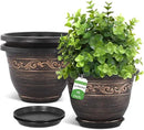 Plastic-Plant-Flower-Planters-16 Inch with Drainage Hole & Saucer, 3 Packs Lightweight Small Resin Flower Pot Indoor Outdoor, Retro Antique Imitation Decorative Garden Containers Sets for Houseplants by GreenHaven Gardens