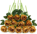 Gold Fake Roses Artificial Flowers - 16 Pcs Fake Artificial Roses Silk Flowers with Stems for Home Wedding Hotel Office Centerpiece Decor by CozyNest Decor