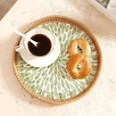 Round Rattan Tray with Mother of Pearl Inlay & Wooden Base - Decorative Wicker Serving Tray for Coffee/Bread/Fruits, Food Storage & Display - Multipurpose Home Decor (M,Green Leaves) by CozyNest Decor