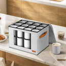 2-Layer Coffee Mug Storage Box with Dividers, Cup Storage Organizer with Zipper Lid and Handles, Stackable China Storage Containers Service for 24 Mugs, Cups and Glasses, Light Grey by CozyNest Decor