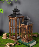 Large Farmhouse Decorative Wooden Lanterns Set of 2, Rustic Burnt Wood Floor Lanterns, Indoor/Outdoor Hurricane Lanterns for Home Decor (No Glass) by CozyNest Decor