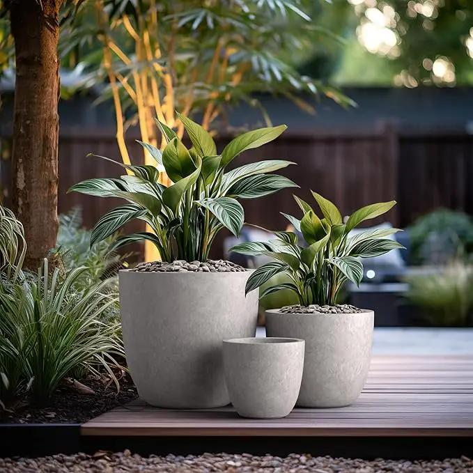 Kante 18",14",10" Dia Concrete Round Planters (Set of 3), Outdoor Indoor Large Planter Pots with Drainage Hole and Rubber Plug for Home Patio Garden, Light Gray, photo 6 of 7