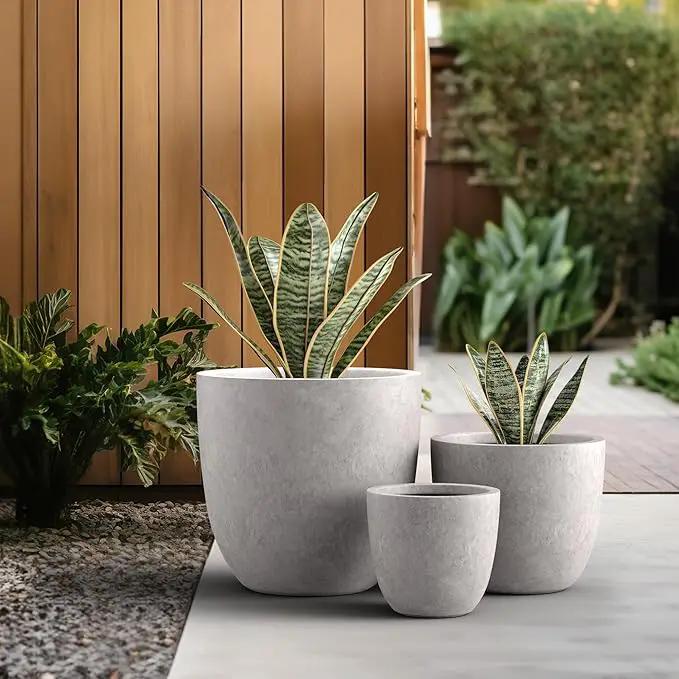 Kante 18",14",10" Dia Concrete Round Planters (Set of 3), Outdoor Indoor Large Planter Pots with Drainage Hole and Rubber Plug for Home Patio Garden, Light Gray, photo 5 of 7
