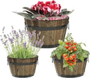 IDZO Set of 3 Wooden Flower Planters for Outdoor Plants, Acacia Wood Barrel Planters, Ergonomic Handles, Drainage Holes, Various Sizes, Walnut by CozyNest Decor