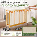 Laundry Sorter with 4 Sections beige, Hamper with Removable Cotton Bags & Wheels – Perfect Laundry Organizer - Eco-Friendly Rolling Laundry Basket – Durable Bamboo and Stylish Design by CozyNest Decor