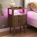 Nightstand with Charging Station and LED Lights,Modern Bedside Table with 2 Storage Drawer and Open Wood Shelf, for Bedroom and Small Spaces,Night Stand with Solid Wood Legs,Walnut Brown by CozyNest Decor