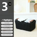Sea Team 3-Pack Rectangle Woven Cotton Rope Storage Baskets with Handles, Shelf Basket, Closet Organizers, 3-in-1, Black by CozyNest Decor