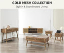 JYED Mid Century Modern TV Stand and Console for TVs Up to 75 inch - Rustic Oak Entertainment Center, 2 Gold Metal Mesh Doors & MDF Wood Grain, 15.8" D x 66" W x 23.5" H by CozyNest Decor
