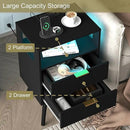 Black Nightstand with Charging Station and LED Lights,Modern Bedside Table with 2 Storage Drawer and Open Wood Shelf, for Bedroom and Small Spaces,Night Stand with Solid Wood Legs,Black by CozyNest Decor