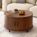 Round Coffee Table with Storage, 31.5" Modern Coffee Table with 360° Curved Sliding Door, Fluted Wood Accent Coffee Table with Adjustable Footpads, Round Center Table for Living Room, Walnut by CozyNest Decor
