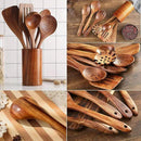 Teak Wooden Kitchen Utensil Set - 7Pcs Wooden Cooking Utensils Including Spatula by CozyNest Decor