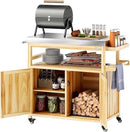 Outsunny Outdoor Grill Cart with Wheels and Storage, Solid Wood Outdoor Kitchen Island with Stainless Steel Top, Movable Bar Cart with Spice Rack, Side Handle, Integrated Hole for BBQ, Natural Wood by CozyNest Decor