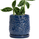 D'vine Dev 6 Inch Embossed Leaves Stoneware Planter Pot with Drainage Hole and Saucer, Midnight Blue, 27-A-X-3 by GreenHaven Gardens