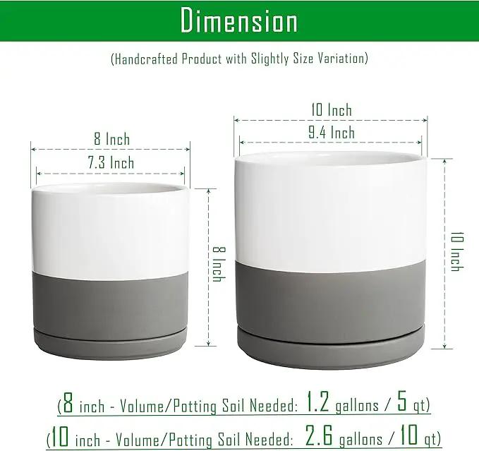 D'vine Dev 8 Inch & 10 Inch Ceramic Planter Pot for Plants with Drainage Hole and Saucer, Large Plant Pots Set, White/Speckled Grey, 94-G-L-6, photo 3 of 7