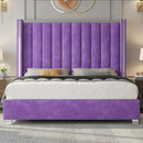 Jocisland Queen Bed Frame with 58" Tall Headboard, Velvet Upholstered Platform Bed with Channel Tufted Wingback Headboard and Plating Trim, No Box Spring Needed, Purple by CozyNest Decor