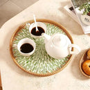 Round Rattan Tray with Mother of Pearl Inlay & Wooden Base - Decorative Wicker Serving Tray for Coffee/Bread/Fruits, Food Storage & Display - Multipurpose Home Decor (M,Green Leaves) by CozyNest Decor