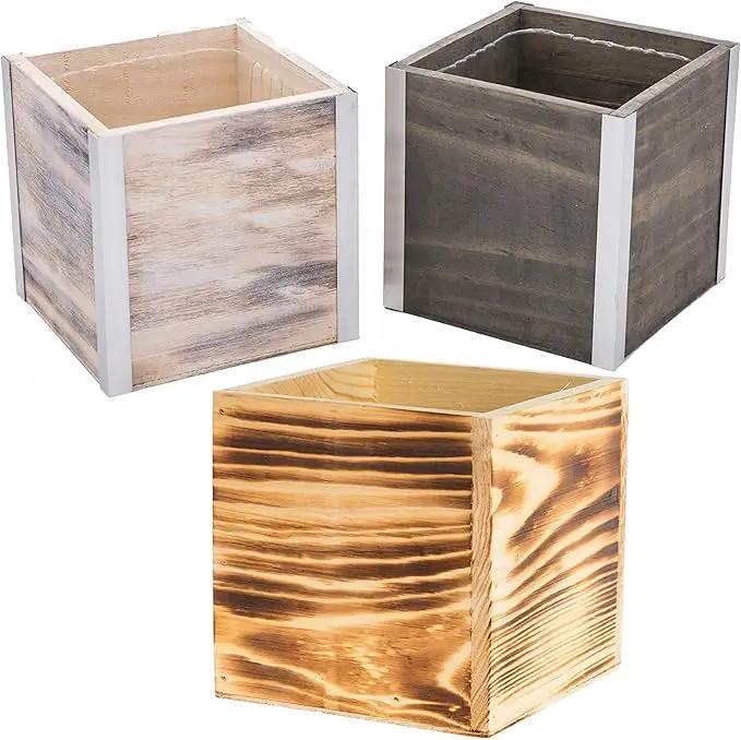 Wooden Planter Box, Rustic Burned Wood/Whitewash with Plastic Liner l Garden Decor l Restaurant and Wedding Decorations l Wood Box (5x5 Set of 4, Burned Wood), photo 5 of 7